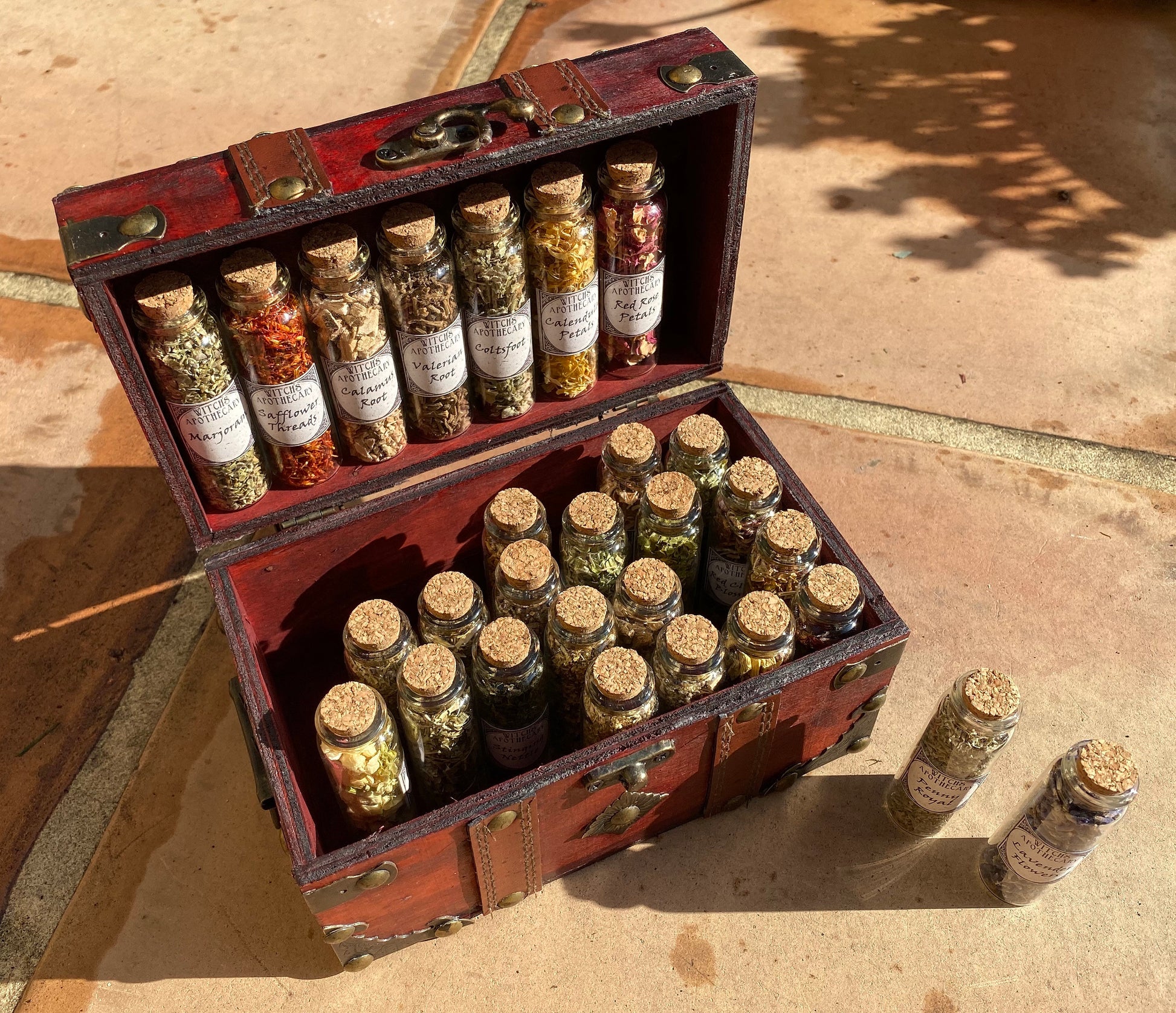 WITCHCRAFT APOTHECARY ~ Witch's herb cabinet w unique herbs roots berries flowers in wooden box wiccan apothecary herbs pagan ritual kit