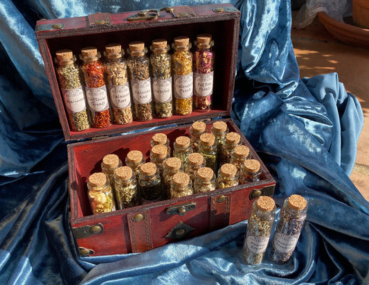 WITCHCRAFT APOTHECARY ~ Witch's herb cabinet w unique herbs roots berries flowers in wooden box wiccan apothecary herbs pagan ritual kit