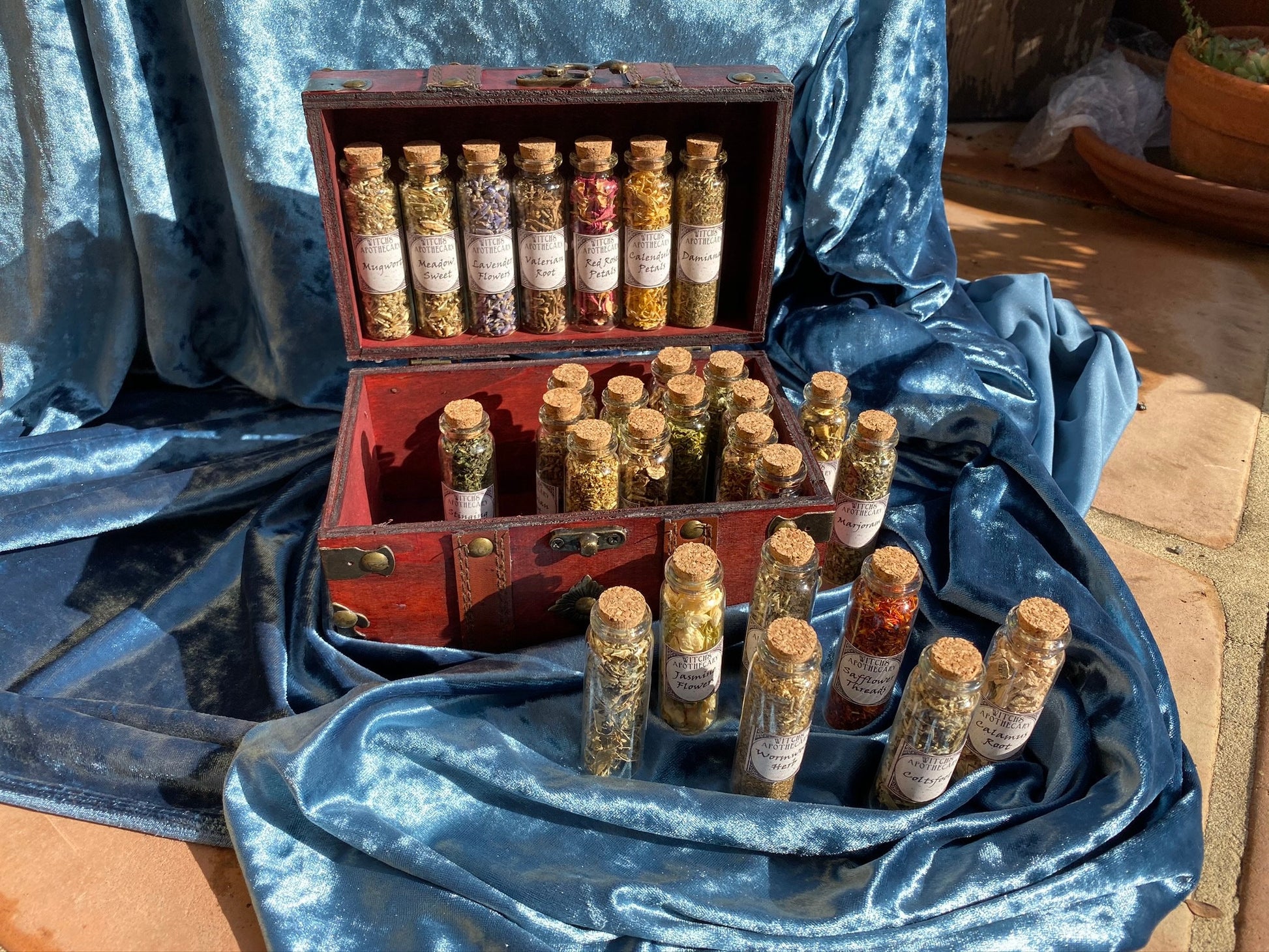 WITCHCRAFT APOTHECARY ~ Witch's herb cabinet w unique herbs roots berries flowers in wooden box wiccan apothecary herbs pagan ritual kit