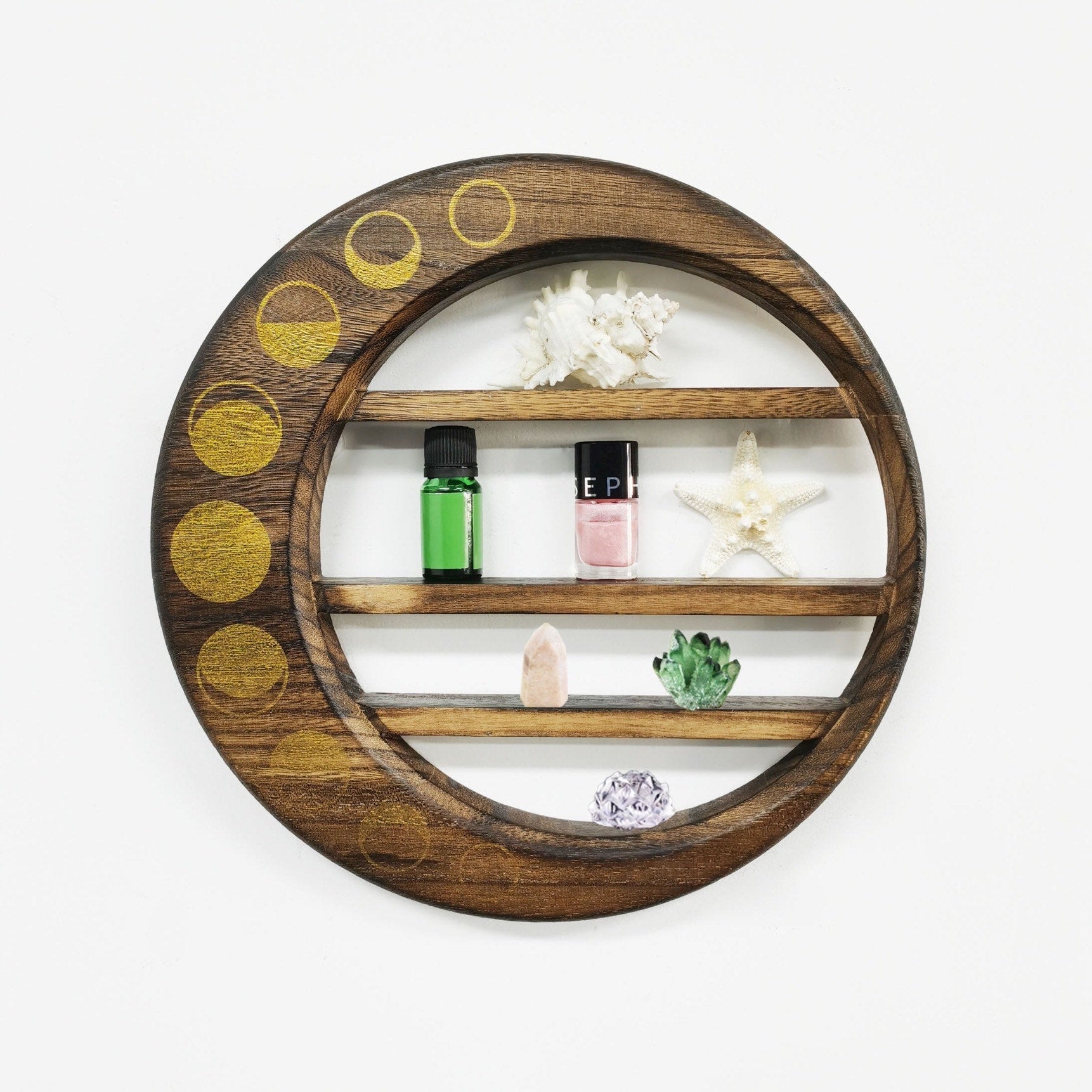 Moon phase shelf crystal display wooden gold accent Christmas gift