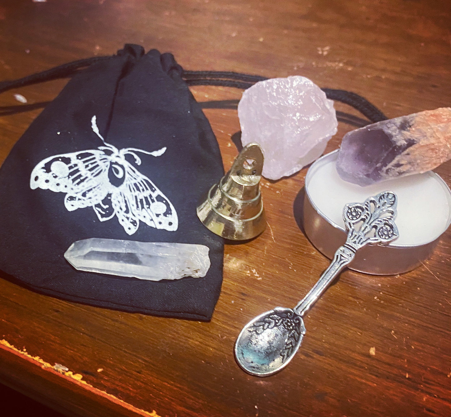 Pocket Witchcraft Kit mini wiccan altar set crystals candle spoon bell