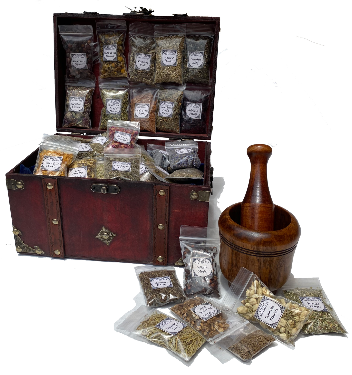 Apothecary Box with Wooden Mortar and Pestle