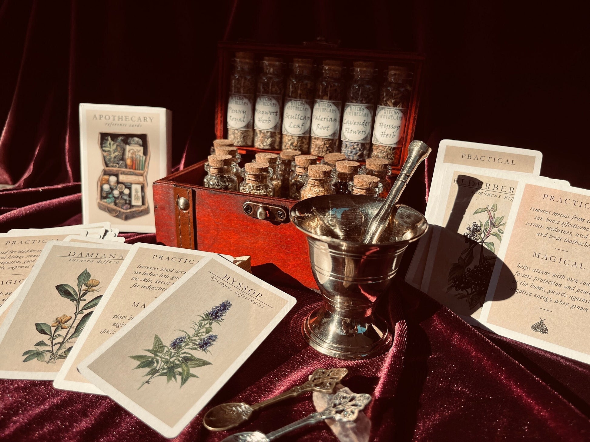 Witchcraft Apothecary w/ Mortar and Pestle ~ Herbs Glass Bottles ~ Book of Shadows Journal ~ Wiccan Pagan Altar Supplies for Potion Making