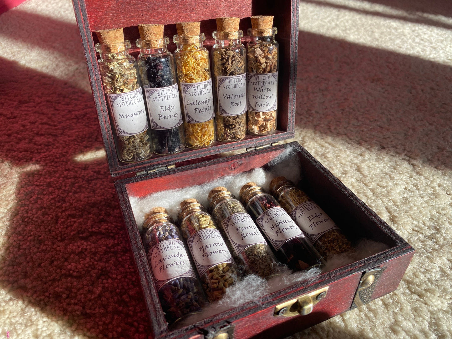 WITCHCRAFT APOTHECARY ~ Witch's herb cabinet w unique herbs roots berries flowers in wooden box wiccan apothecary herbs pagan ritual kit